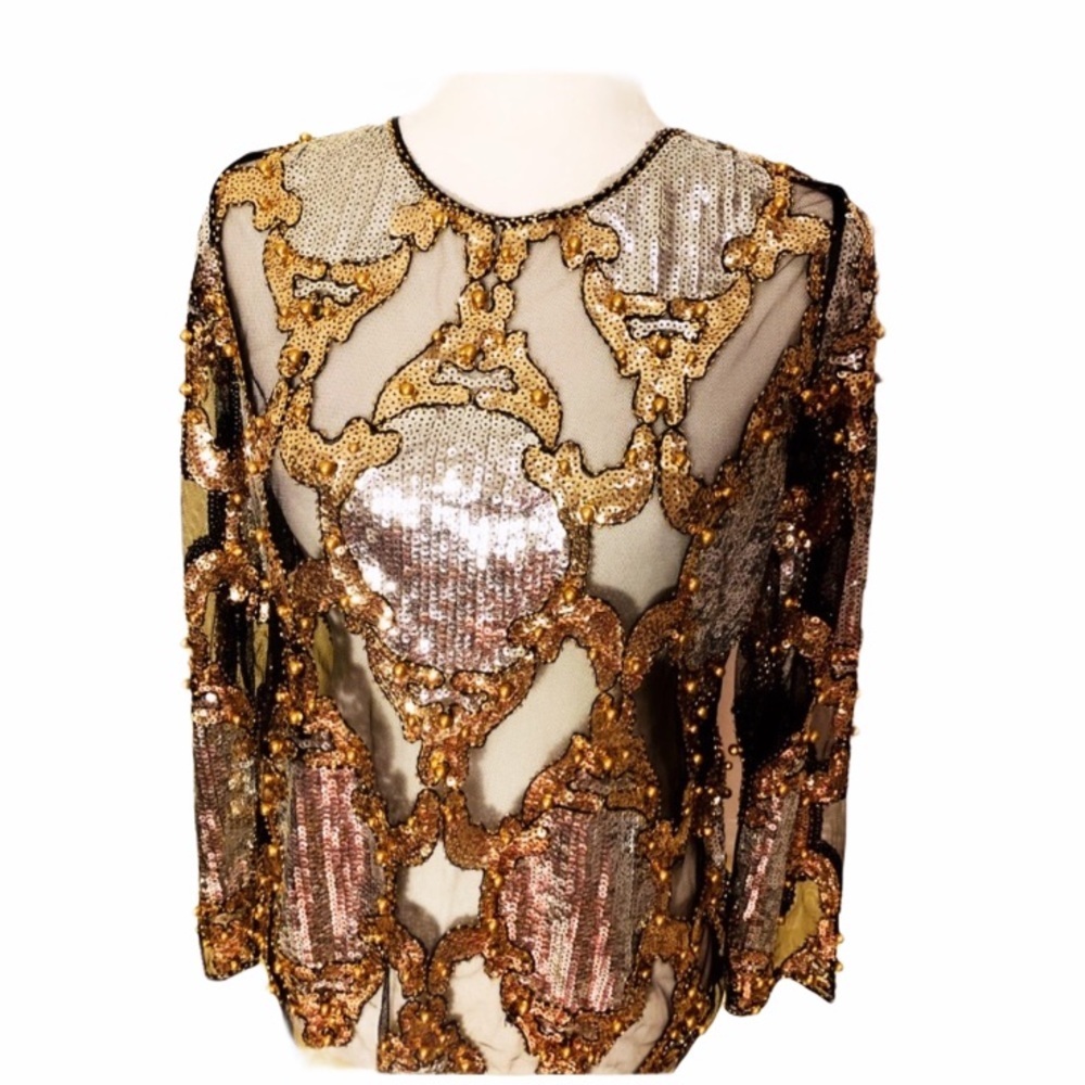 Sequin Lace Mesh Long Sleeve Shirt Top O-Neck - Picture 5 of 8